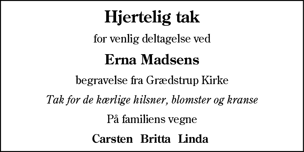 Dødsannonce for Erna Madsen