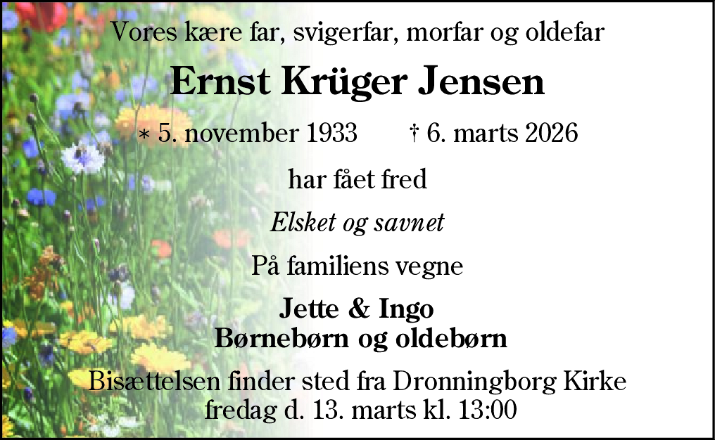 Dødsannonce for Ernst Frederik Krüger Jensen