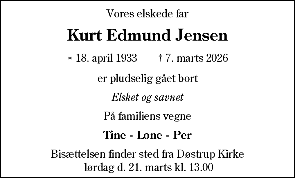 Dødsannonce for Kurt Edmund Jensen
