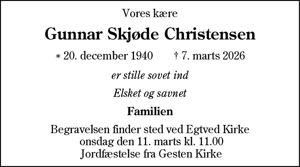 Dødsannonce for Gunnar Skjøde Christensen