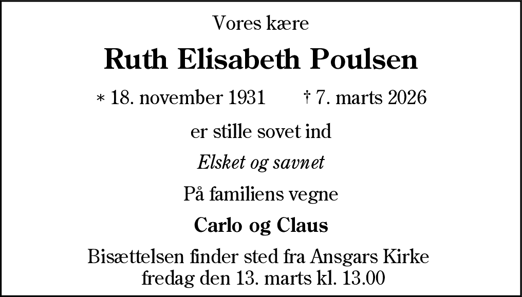 Dødsannonce for Ruth Elisabeth Poulsen