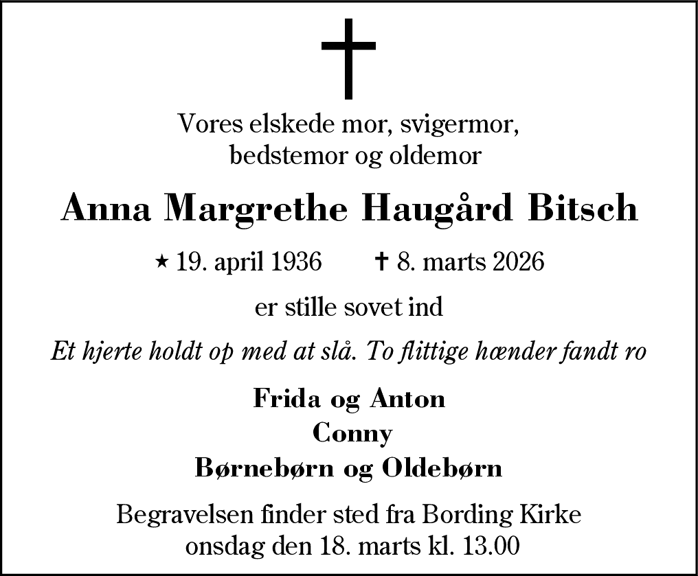 Dødsannonce for Anna Margrethe Haugård Bitsch