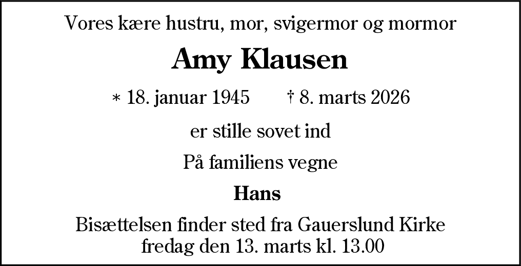 Dødsannonce for Amy Klausen