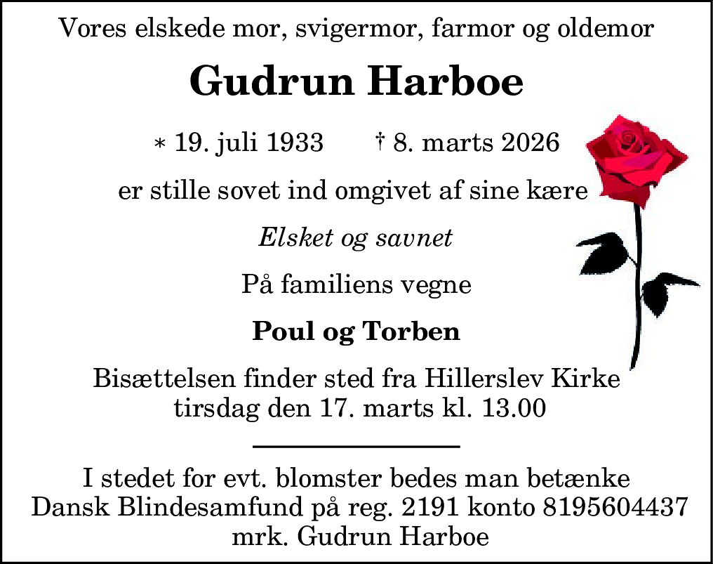Dødsannonce for Gudrun Harbo