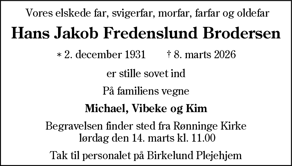 Dødsannonce for Hans Jakob Fredenslund Brodersen