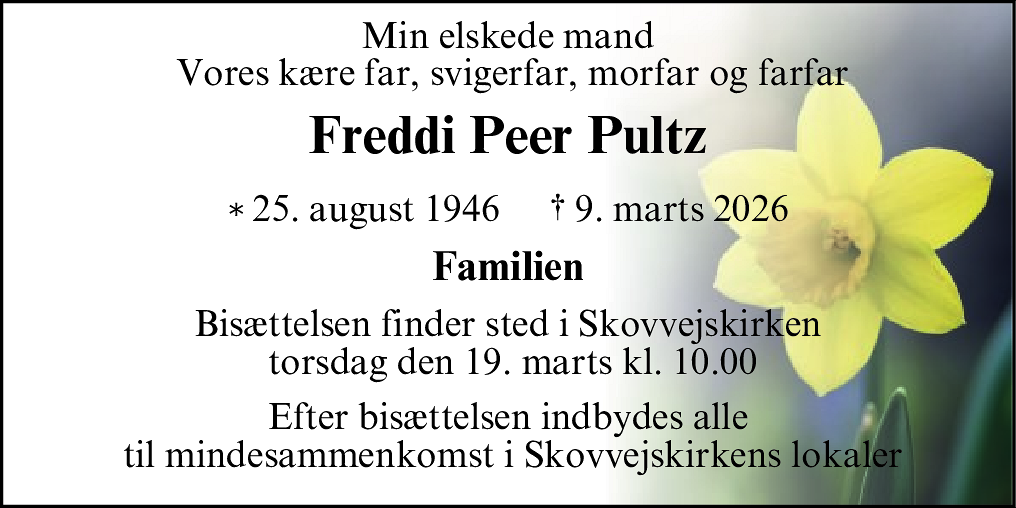 Dødsannonce for Freddi Peer Pultz