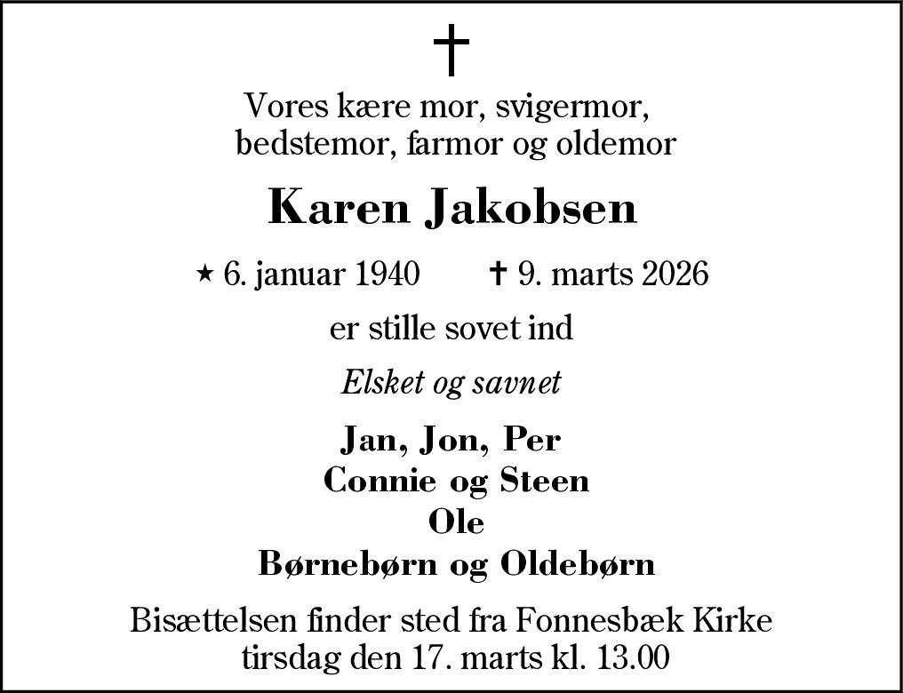 Dødsannonce for Karen Jakobsen