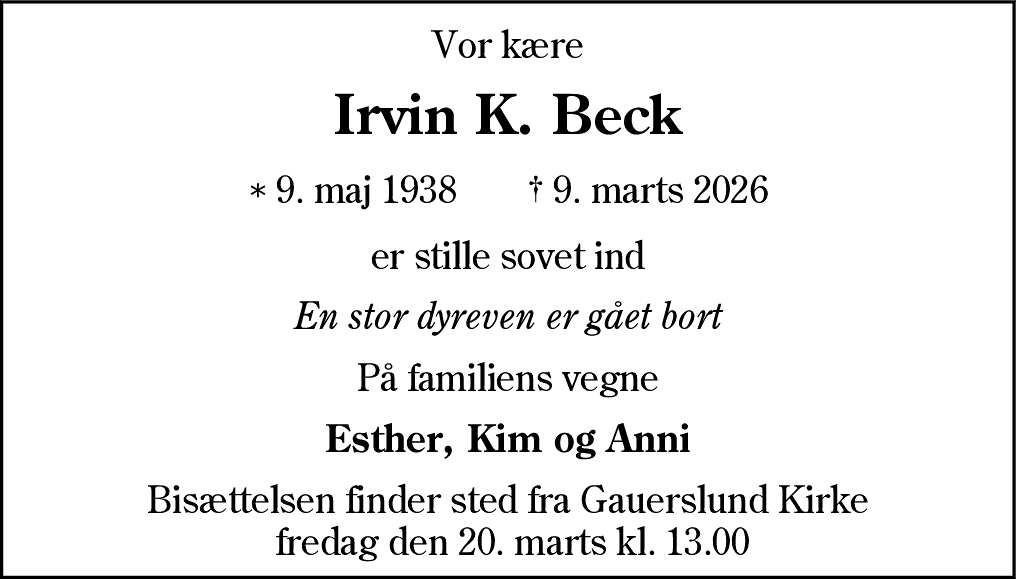 Dødsannonce for Irvin Kristensen Beck
