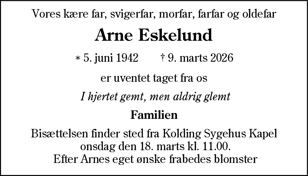 Dødsannonce for Arne Eskelund