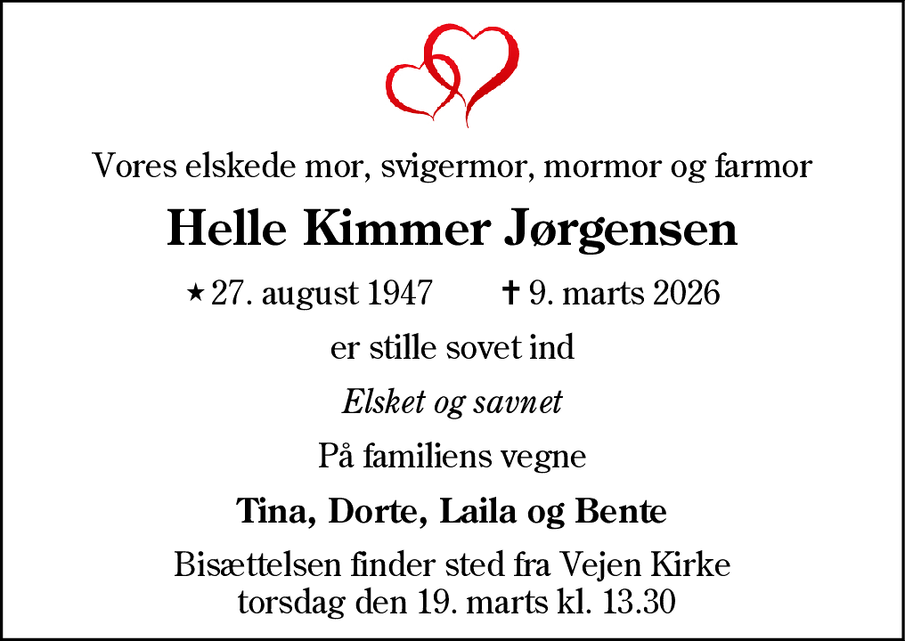 Dødsannonce for Helle Kimmer Jørgensen