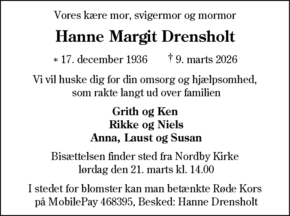 Dødsannonce for Hanne Margit Drensholt