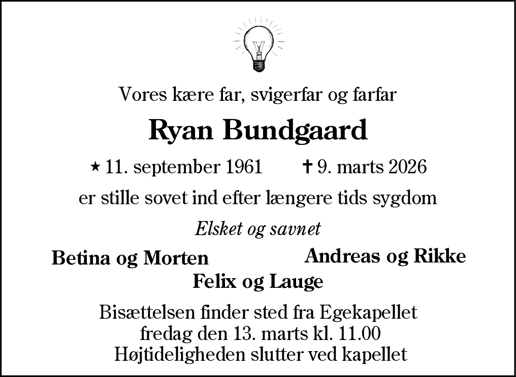 Dødsannonce for Ryan Bundgaard