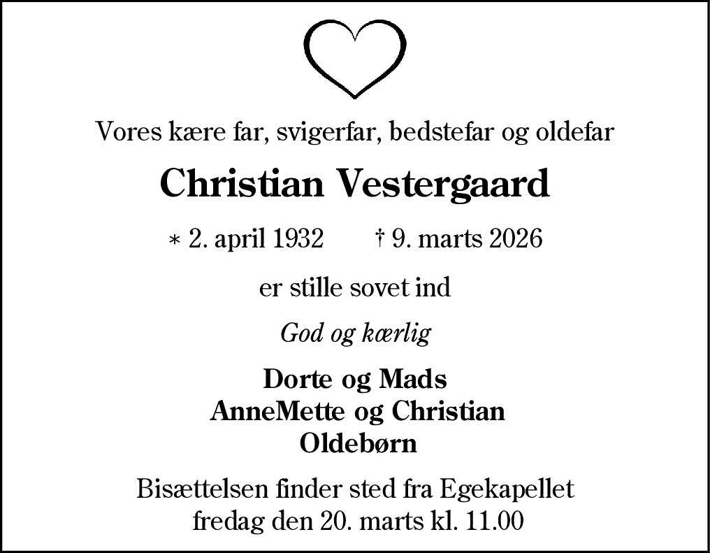 Dødsannonce for Jens Christian Vestergaard