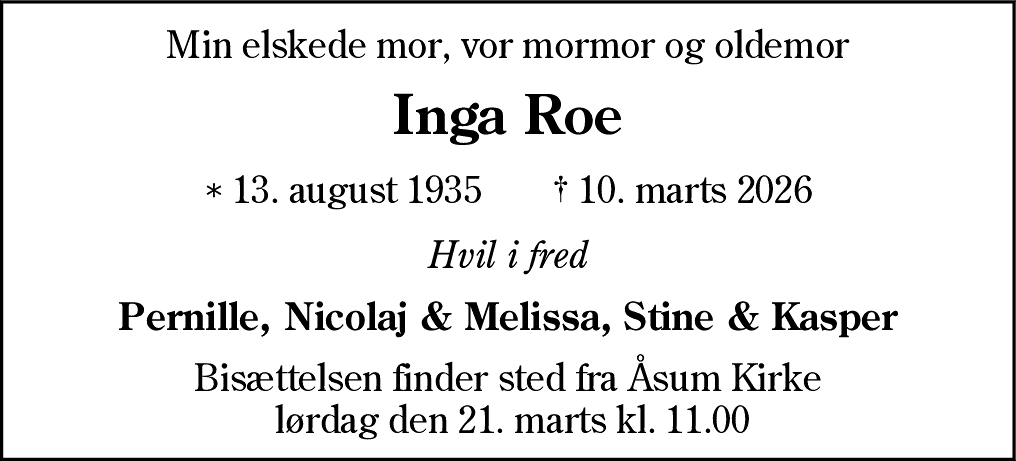 Dødsannonce for Inga Roe