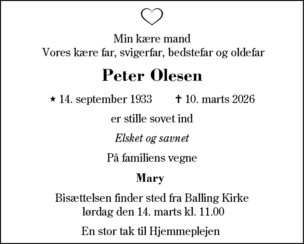 Dødsannonce for Peter Olesen