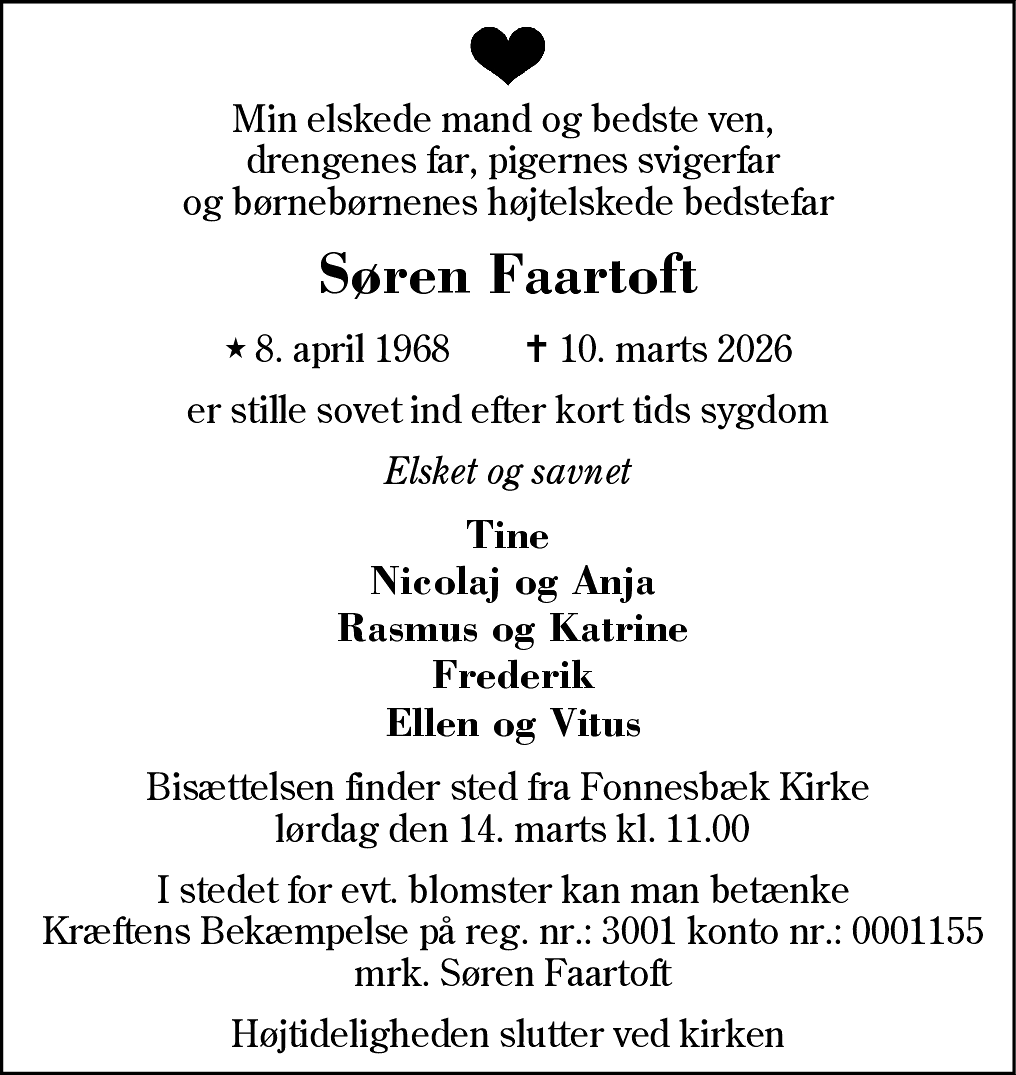 Dødsannonce for Søren Faartoft