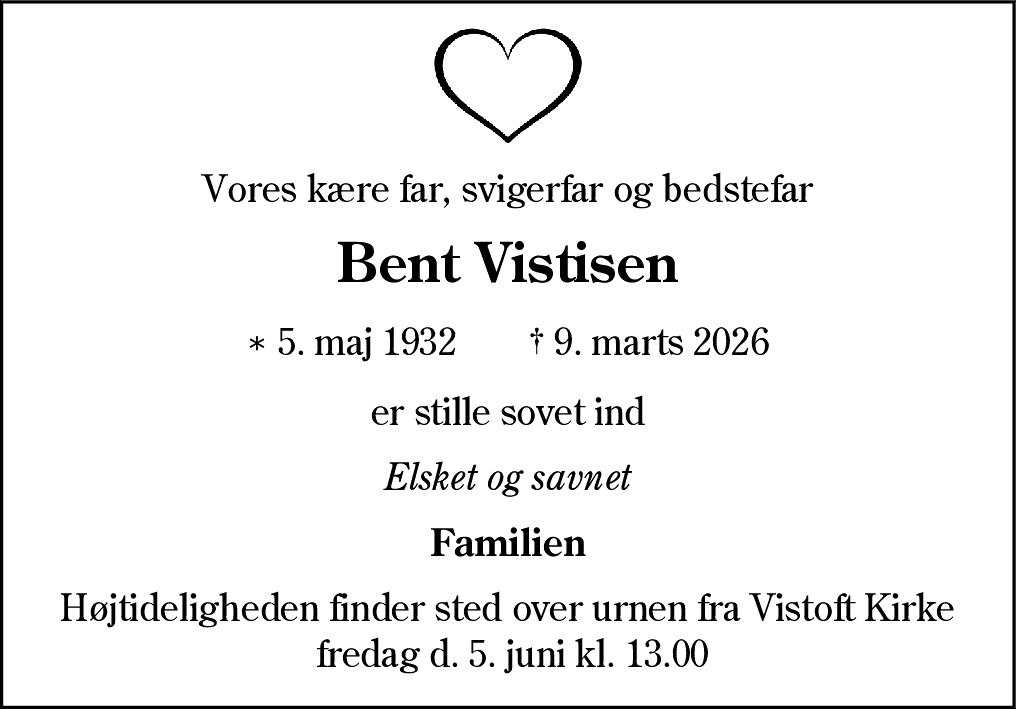 Dødsannonce for Bent Vistisen