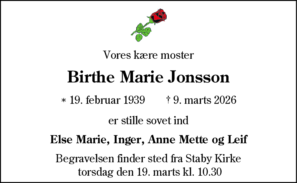 Dødsannonce for Birthe Marie Jonsson