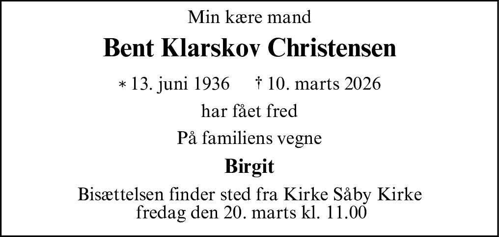 Dødsannonce for Bent Klarskov Christensen