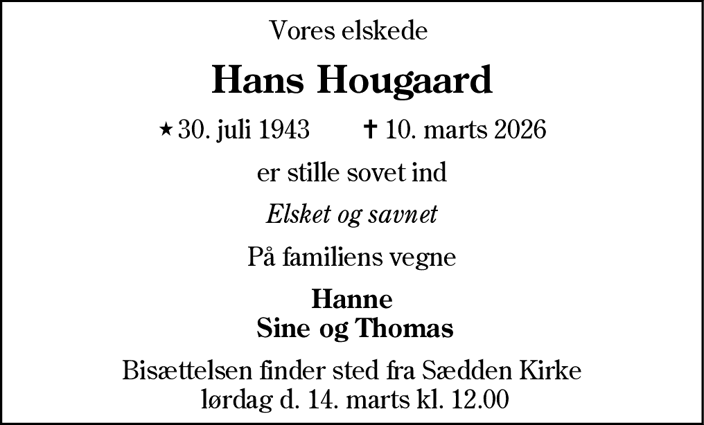 Dødsannonce for Hans Hougaard