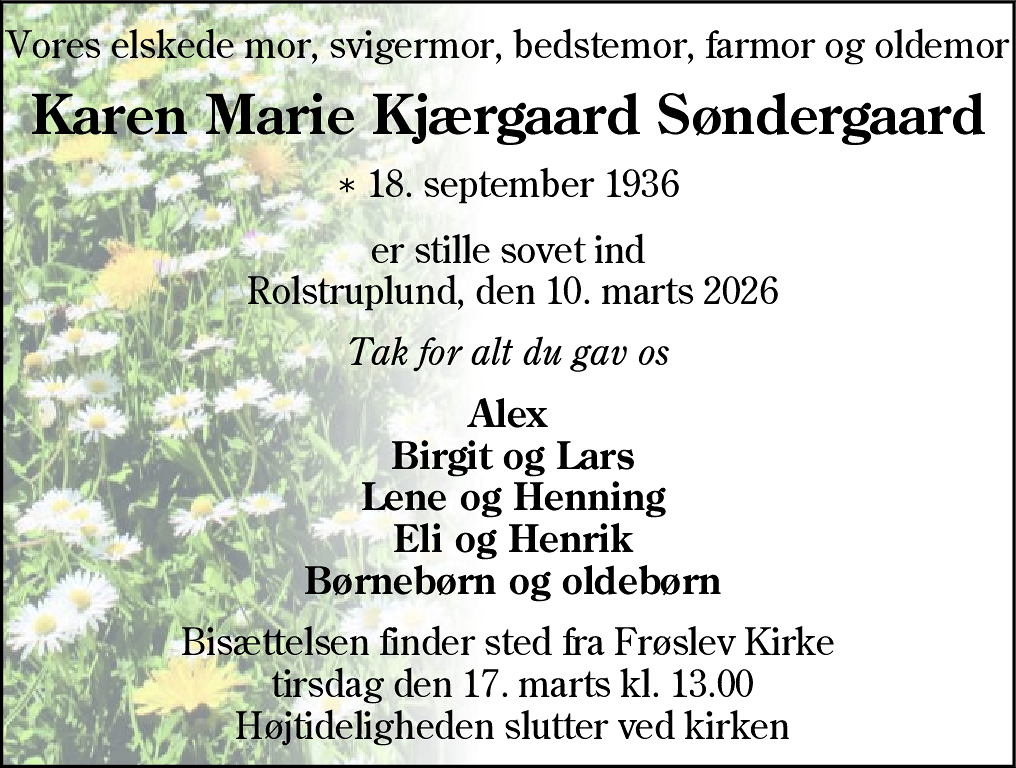 Dødsannonce for Karen Marie Kjærgaard Søndergaard