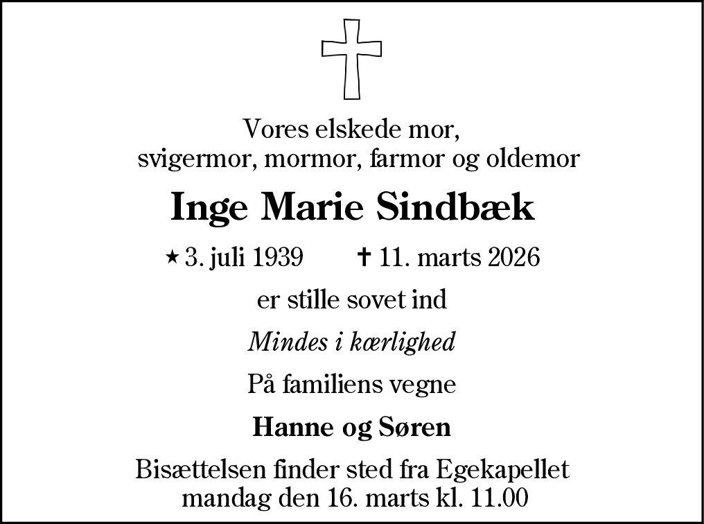 Dødsannonce for Inge Marie Sindbæk