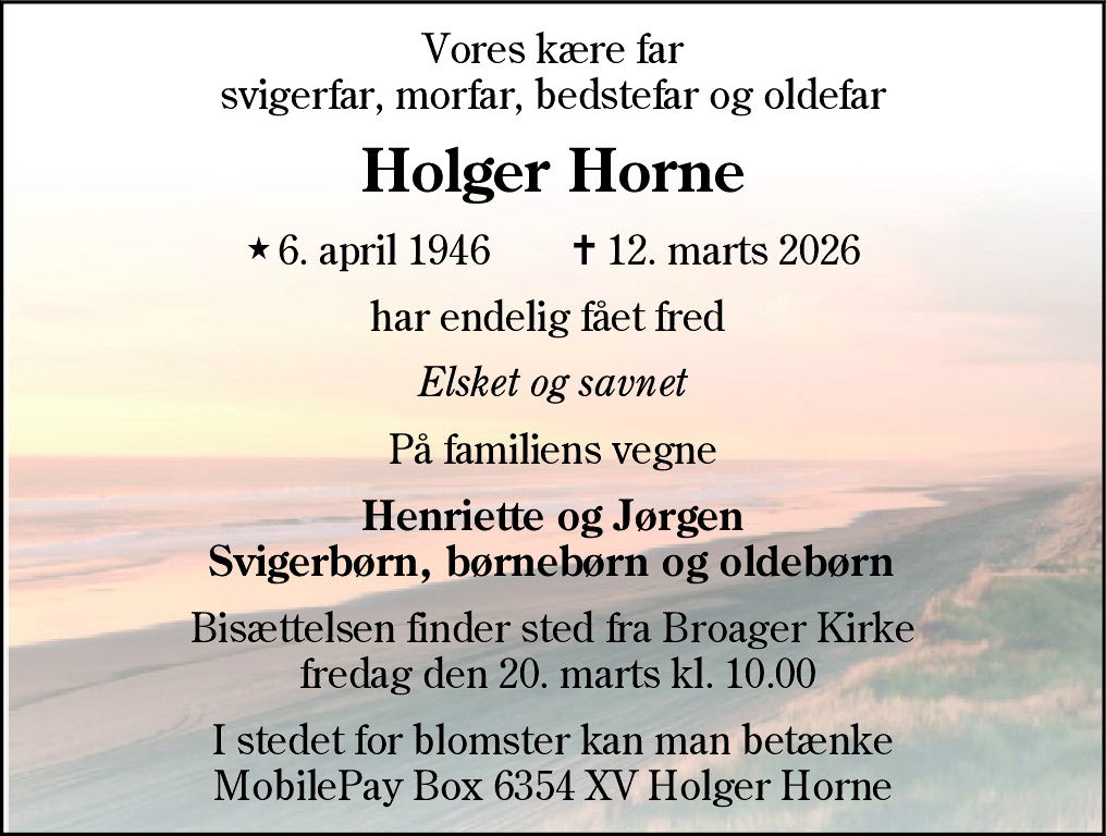 Dødsannonce for Holger Horne