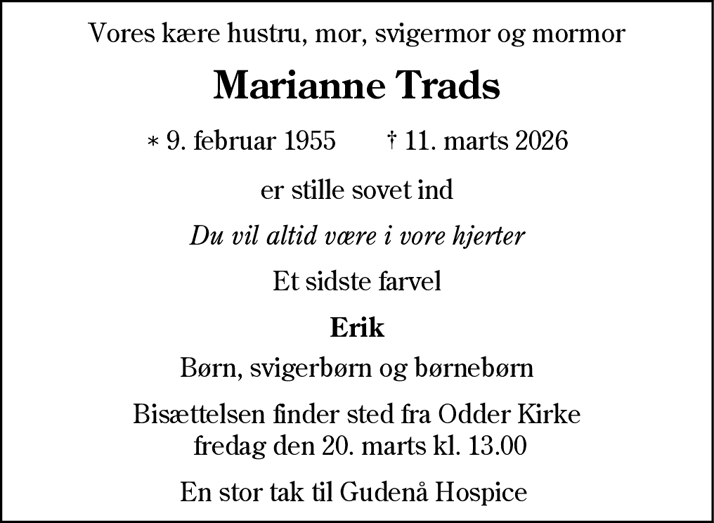 Dødsannonce for Marianne Trads