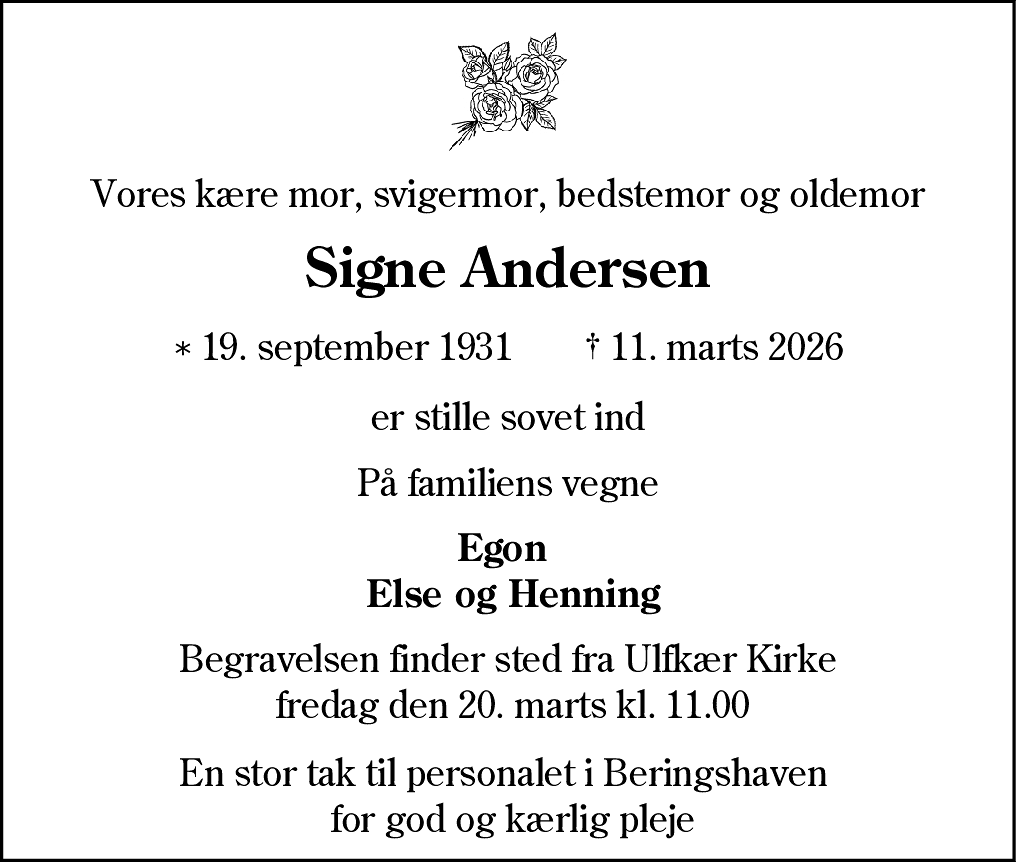Dødsannonce for Signe Andersen