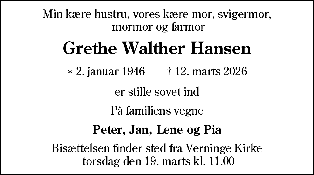 Dødsannonce for Grethe Walther Hansen