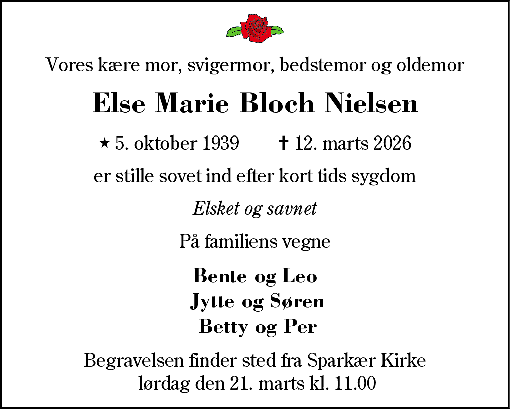 Dødsannonce for Else Marie Bloch Nielsen
