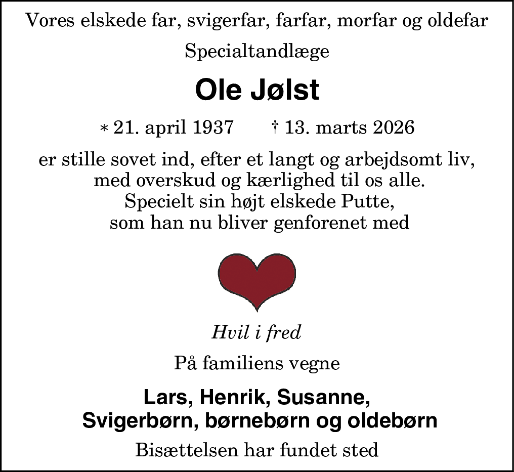 Dødsannonce for Ole Jølst