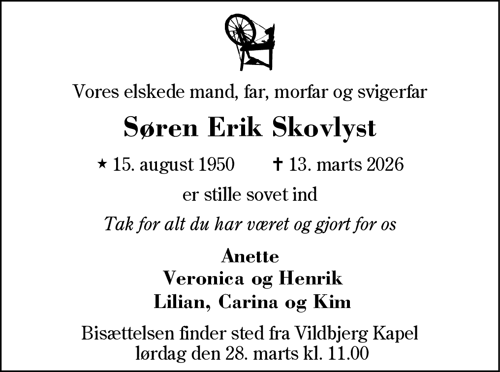 Dødsannonce for Søren Erik Skovlyst