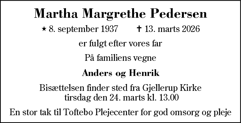 Dødsannonce for Martha Margrethe Pedersen