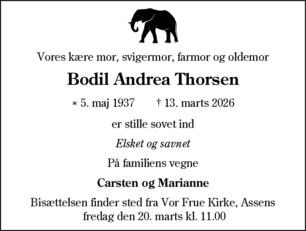 Dødsannonce for Bodil Andrea Thorsen