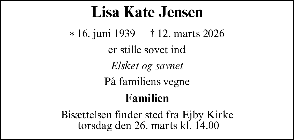 Dødsannonce for Lisa Kate Jensen