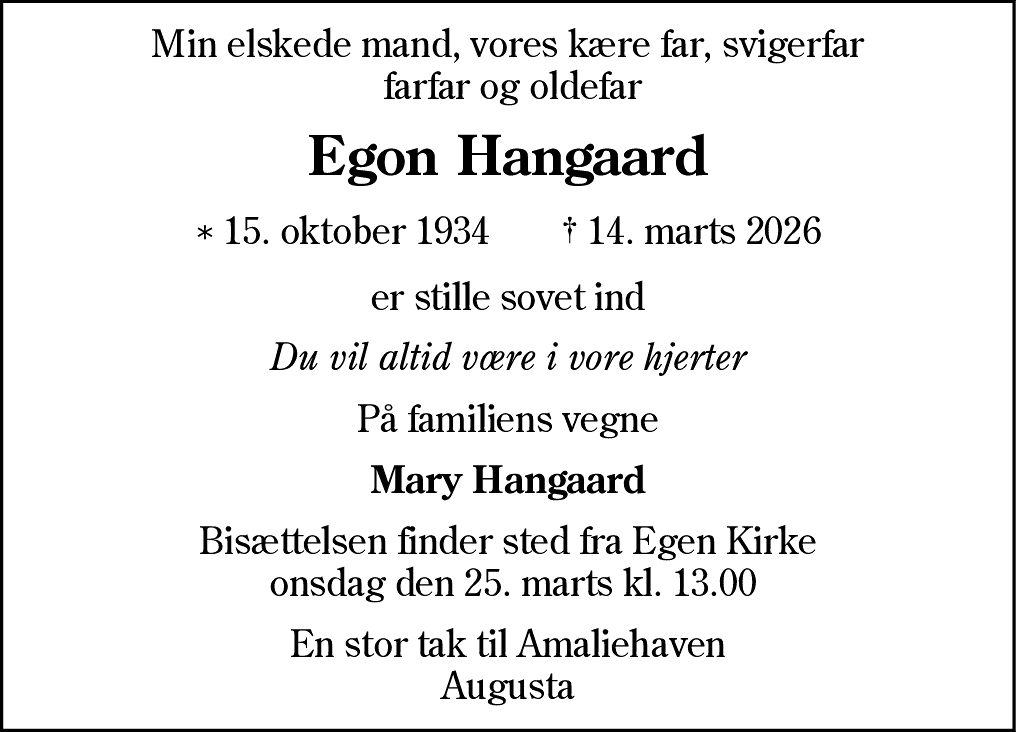 Dødsannonce for Egon Hangaard