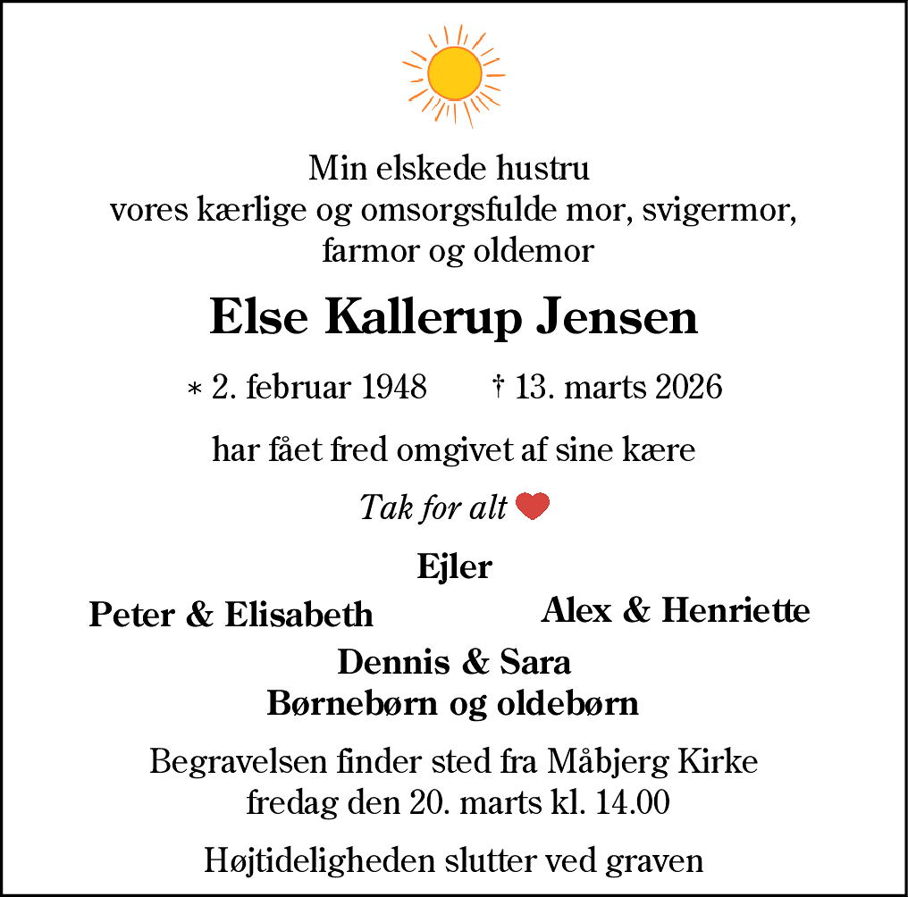 Dødsannonce for Else Kallerup Jensen