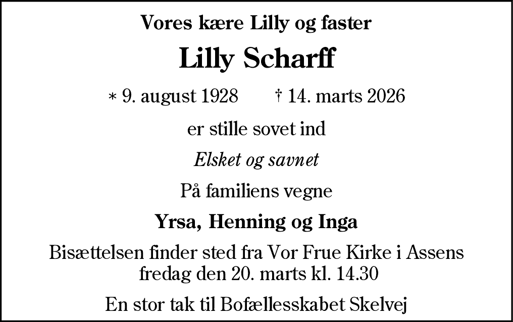 Dødsannonce for Lilly Scharff