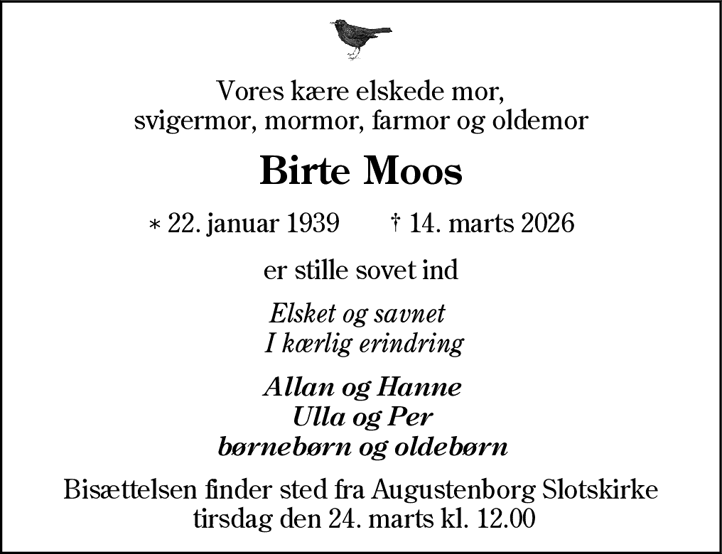 Dødsannonce for Birte Moos