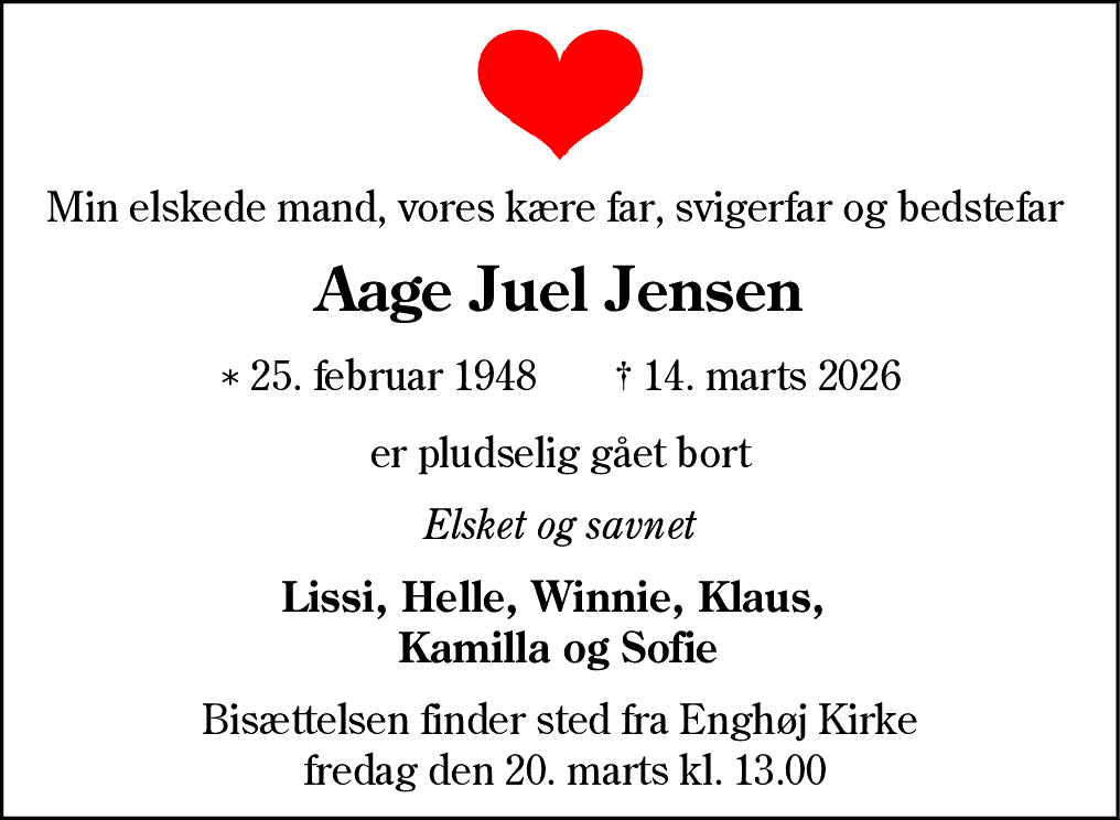 Dødsannonce for Aage Juel Jensen