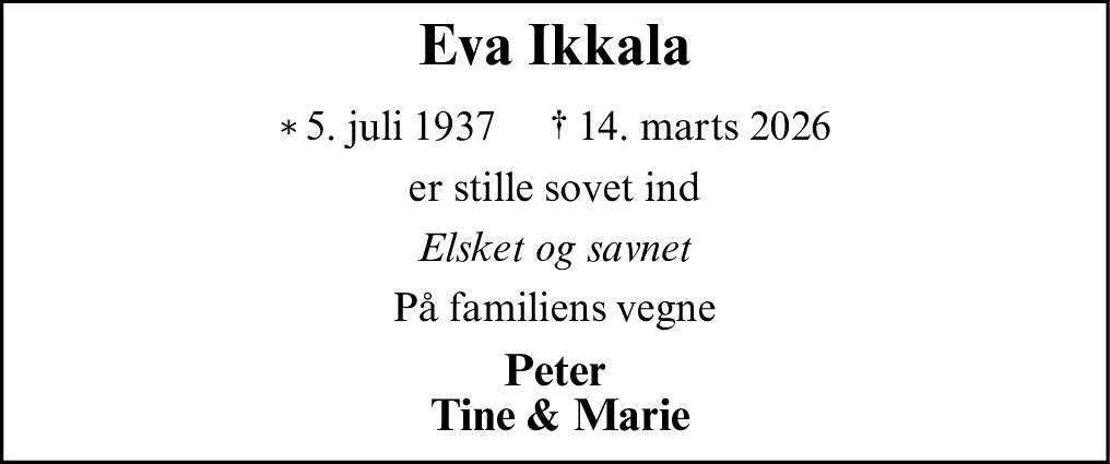 Dødsannonce for Eva Ikkala