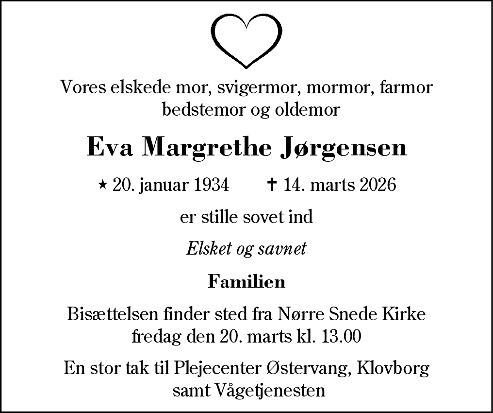 Dødsannonce for Eva Margrethe Jørgensen