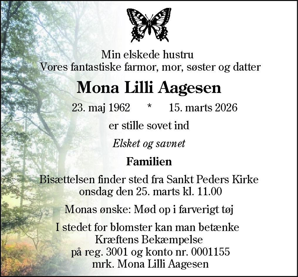 Dødsannonce for Mona Lilli Aagesen