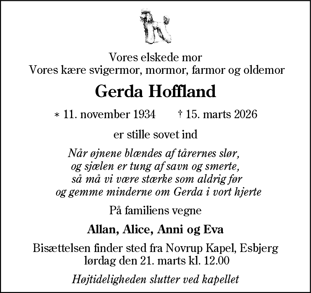 Dødsannonce for Gerda Hoffland