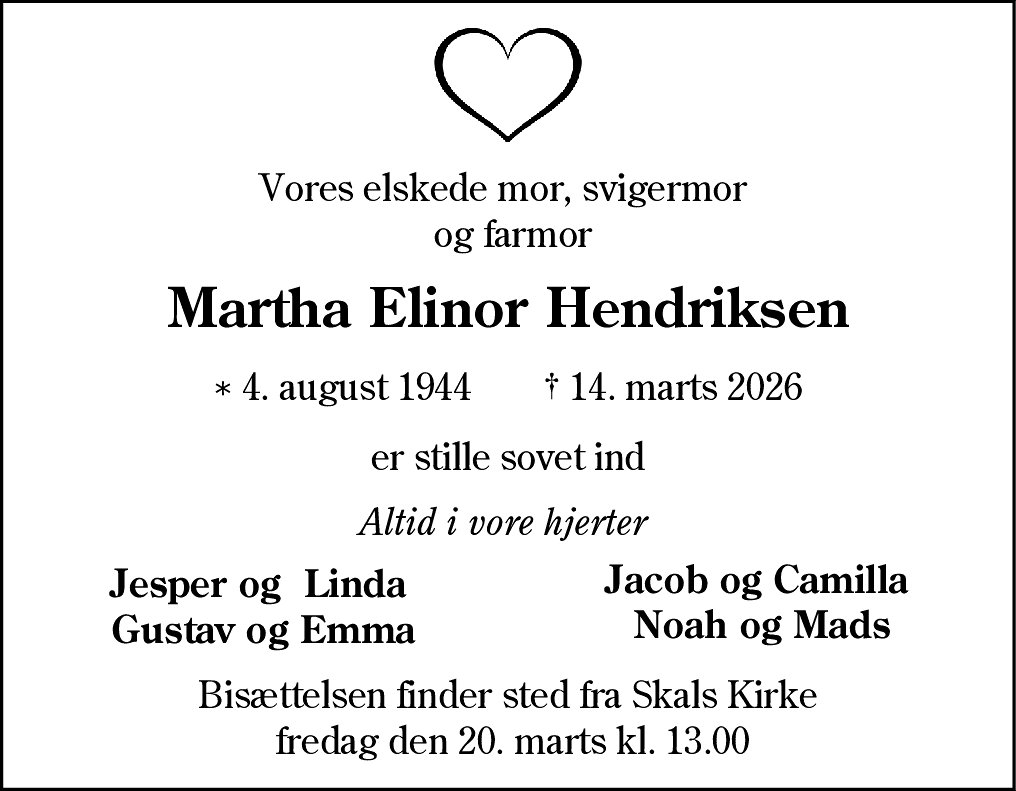 Dødsannonce for Martha Elinor Hendriksen