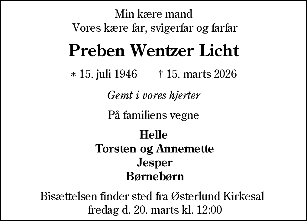 Dødsannonce for Preben Wentzer Licht
