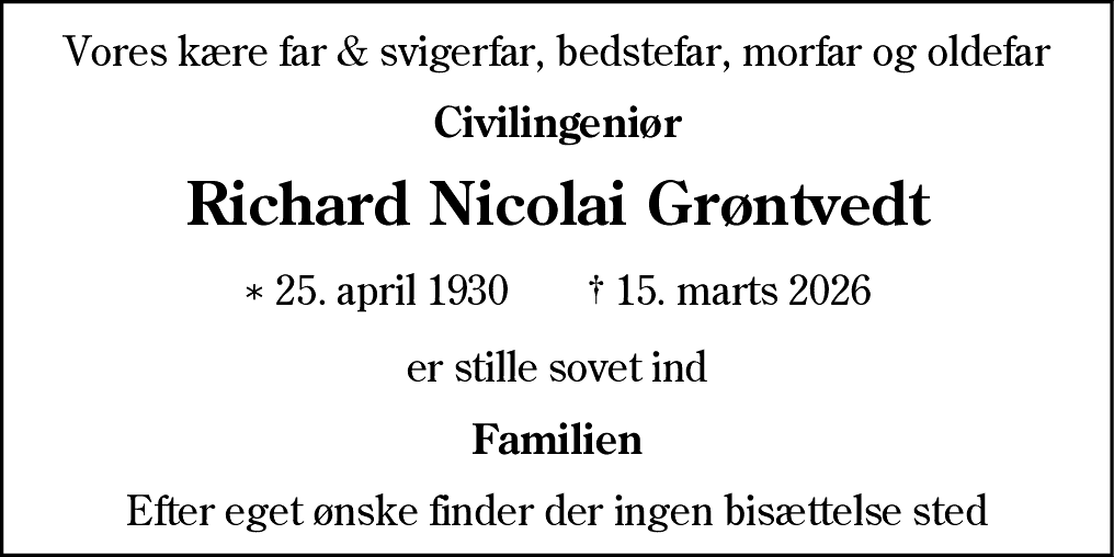 Dødsannonce for Richard Nicolai Grøntvedt
