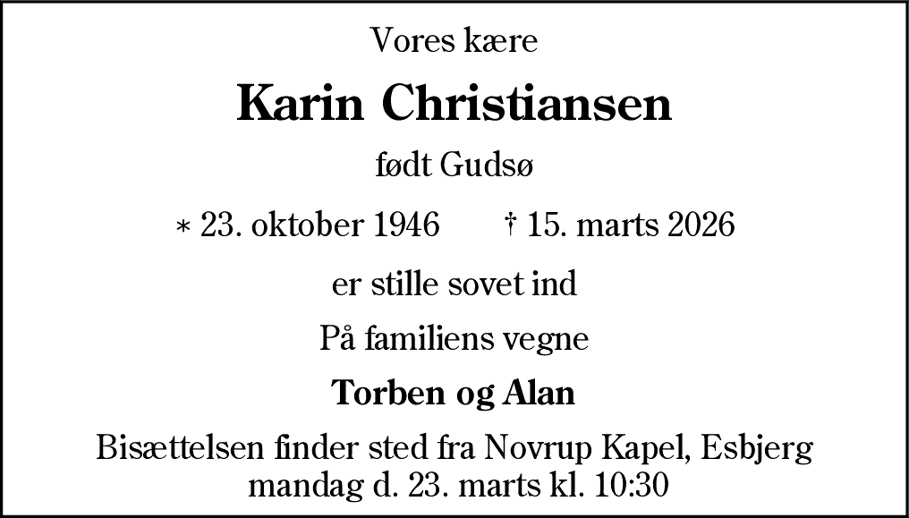 Dødsannonce for Karin Christiansen