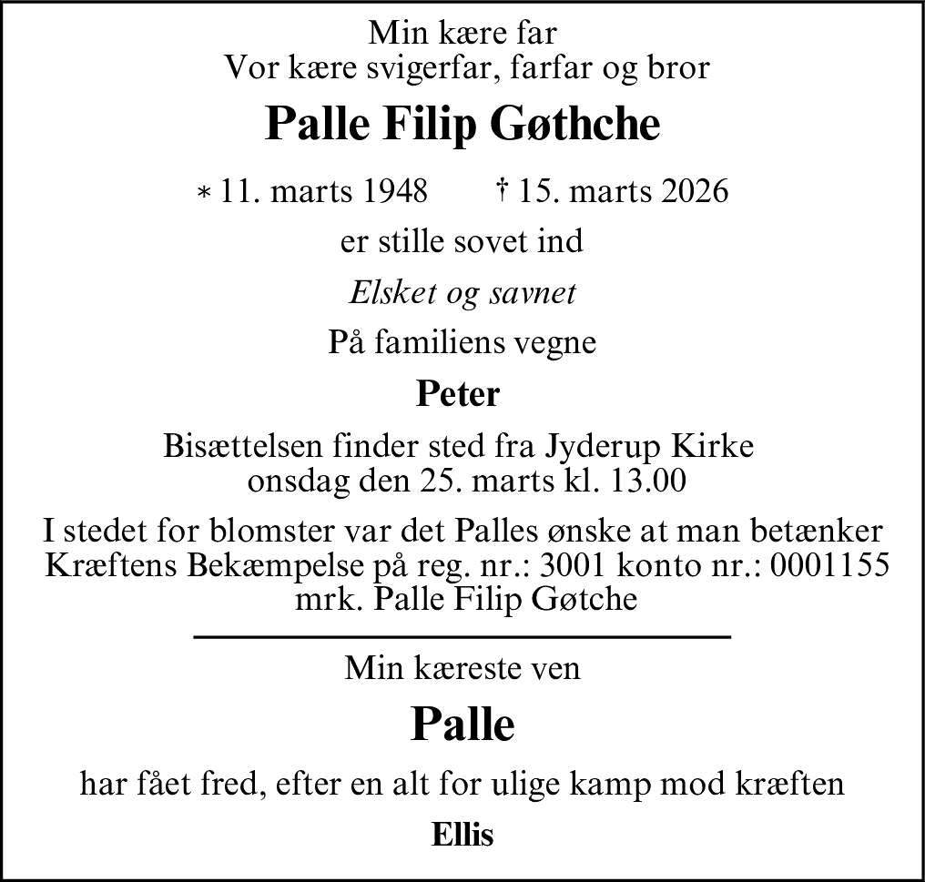 Dødsannonce for Palle Filip Gøthche